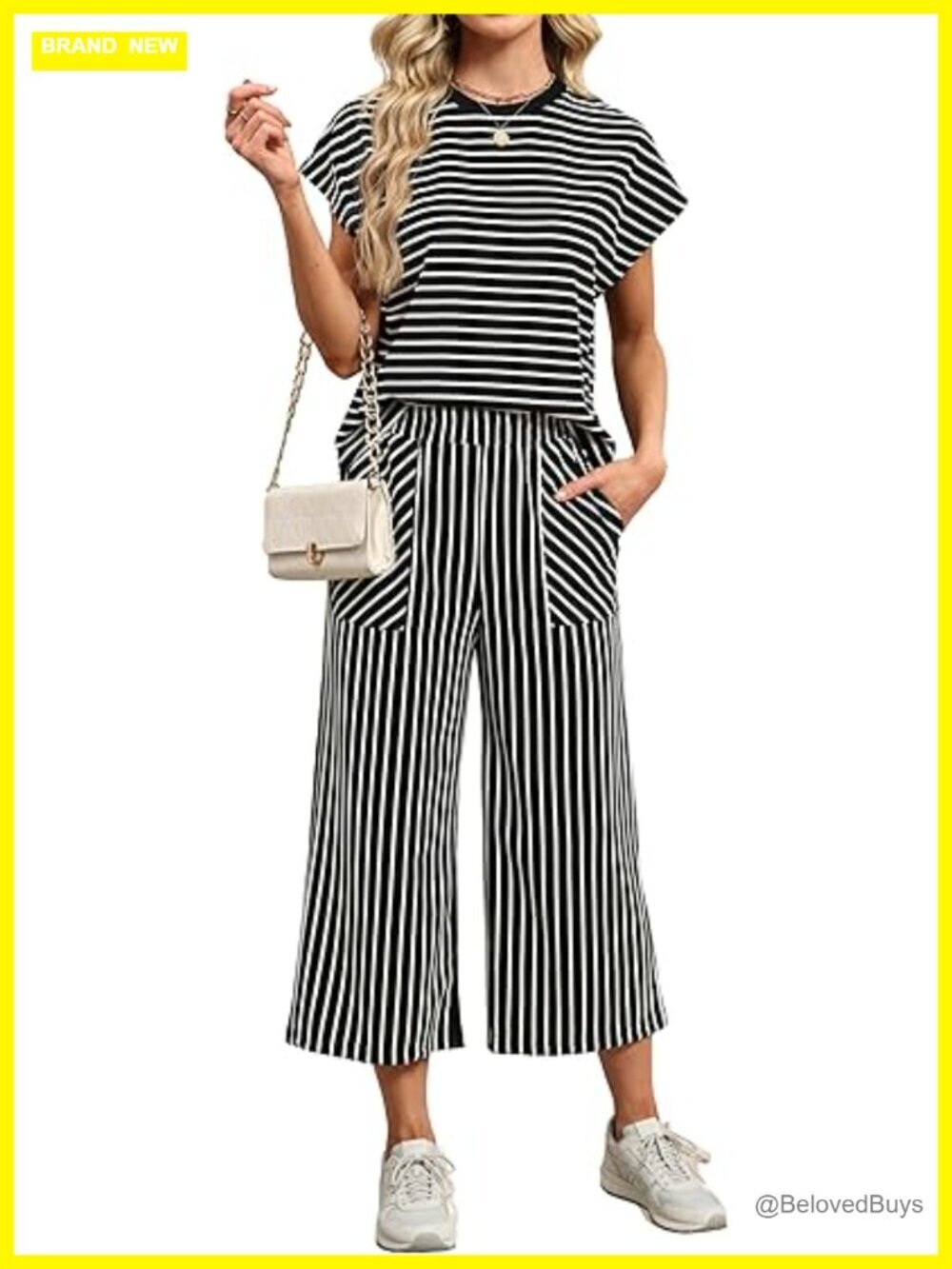 2 Piece Lounge Set: Textured Knit Top & Wide Leg Capri Pants with Pockets